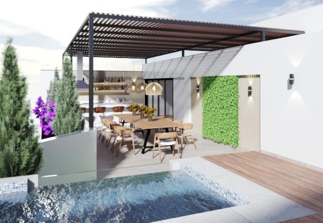 Diseño de Comedor de terraza al lado de piscina