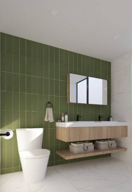 diseño de baño verde con 2 lavaderos