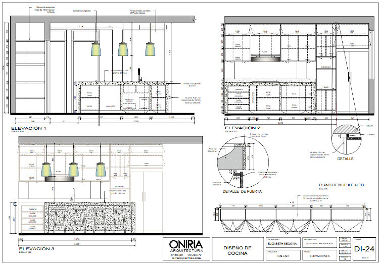 Plano de cortes y detalles de cocina de departamento 