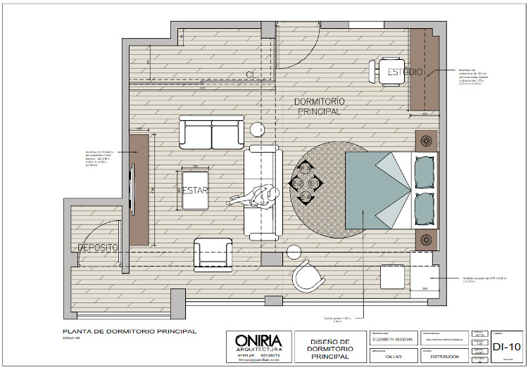 Plano de distribución de dormitorio principal con estar incluido 