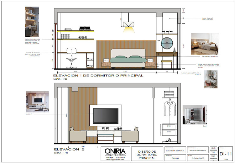 Plano de cortes de un dormitorio en un departamento en el callao 