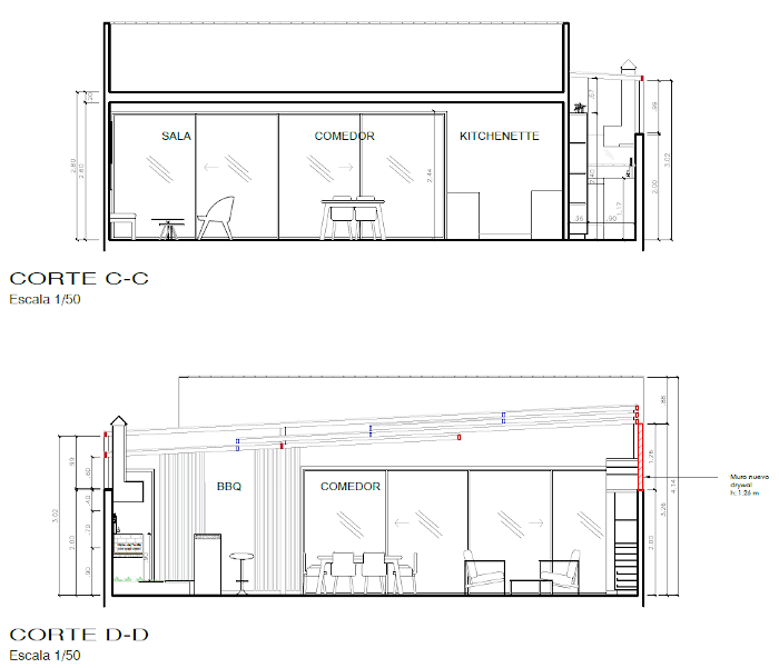 Cortes de proyecto de terraza con lavandería 