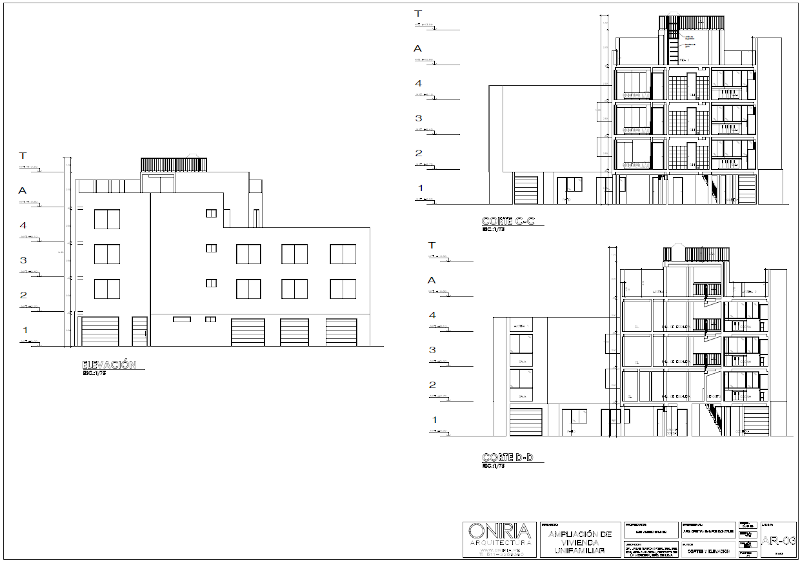 Planos de elevacion y cortes del proyecto de multifamiliar