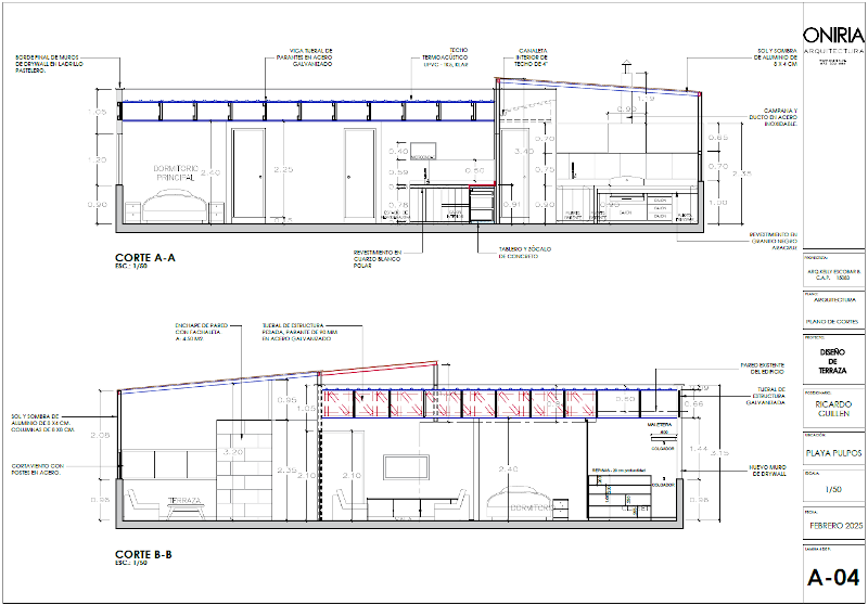 Cortes longitudinales de departamento de playa en drywall 