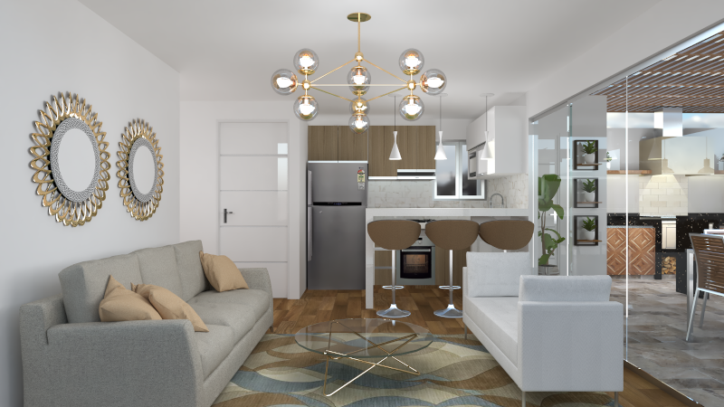 Cocina integrada con sala y comedor 