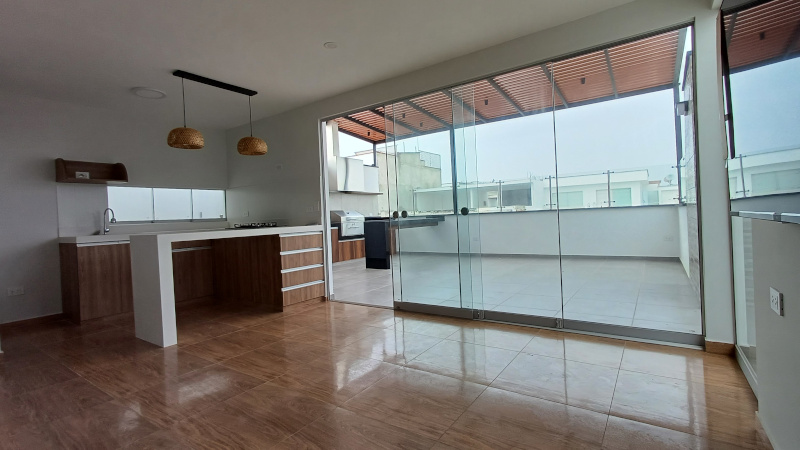 Cocina e interiores de departamento de playa en drywall