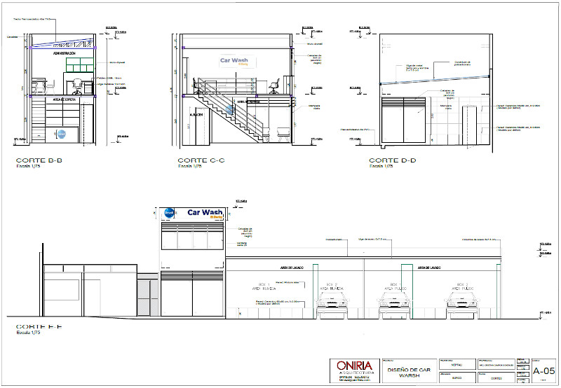 Planos de cortes y elevaciones del centro de lavado 