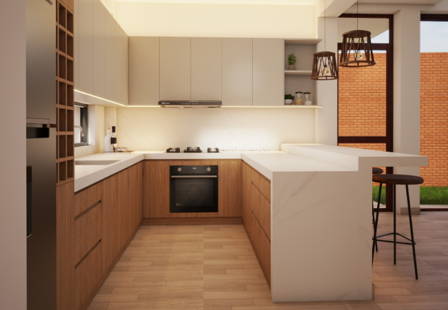 Diseño de cocina con barra en U