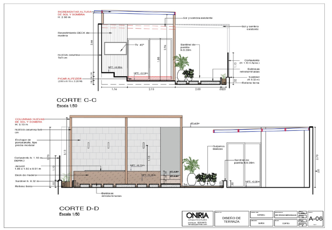 Planos de corte del proyecto de terraza