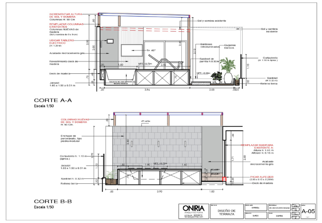 Planos de corte del proyecto de terraza