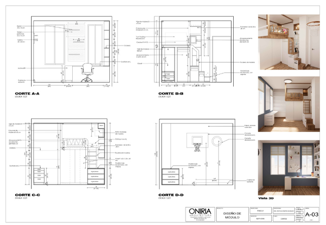 Planos de detalles y cortes de dormitorio