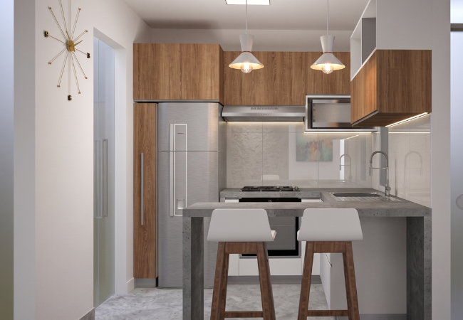 Diseño de cocina con tablero de cemento pulido