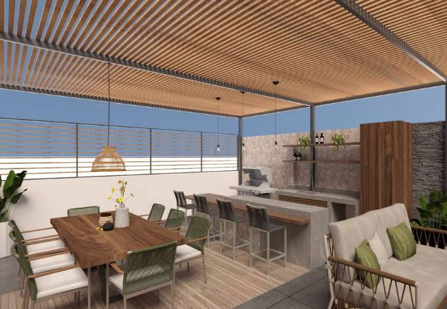 Diseño de terraza con zona de BBQ en surco