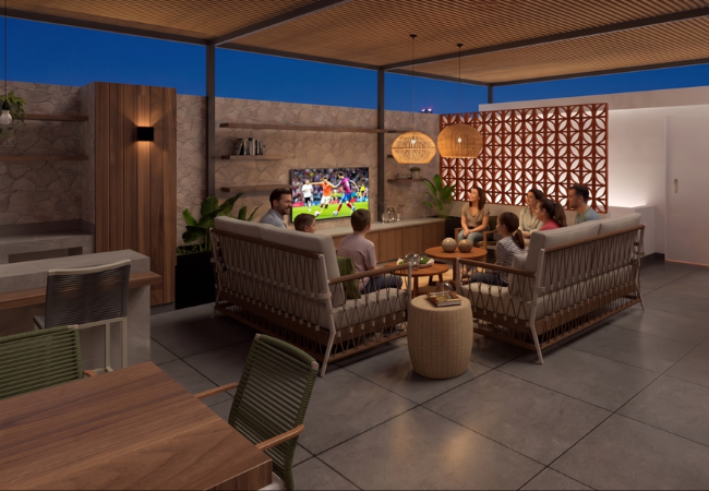 Zona de estar con televisión para exteriores 