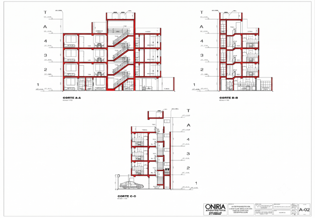 Planos de cortes del proyecto del edificio multifamiliar