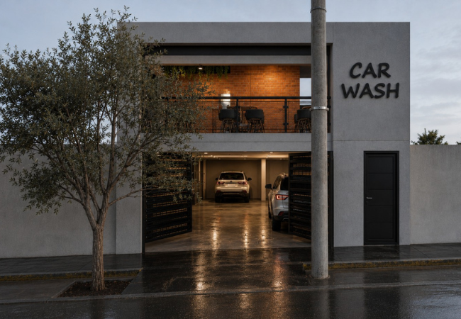 Fachada de diseño de Car Wash con cafetería