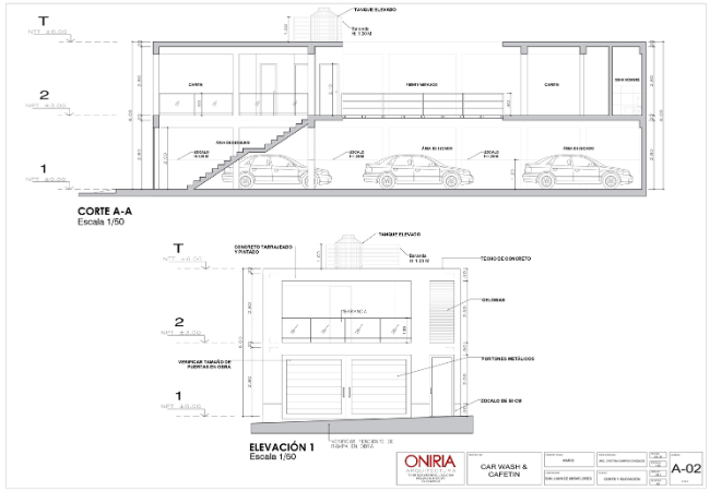 Plano de corte y fachada de Car Wash con Cafetería